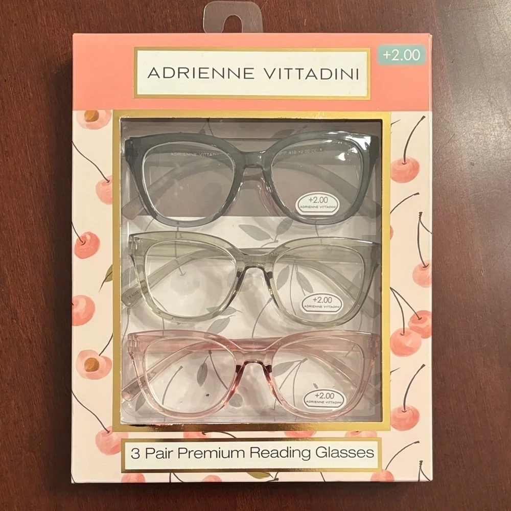Brand New Adrienne Vittadini Set 3 Pairs of Pastel Premium Reading Glasses +2.00